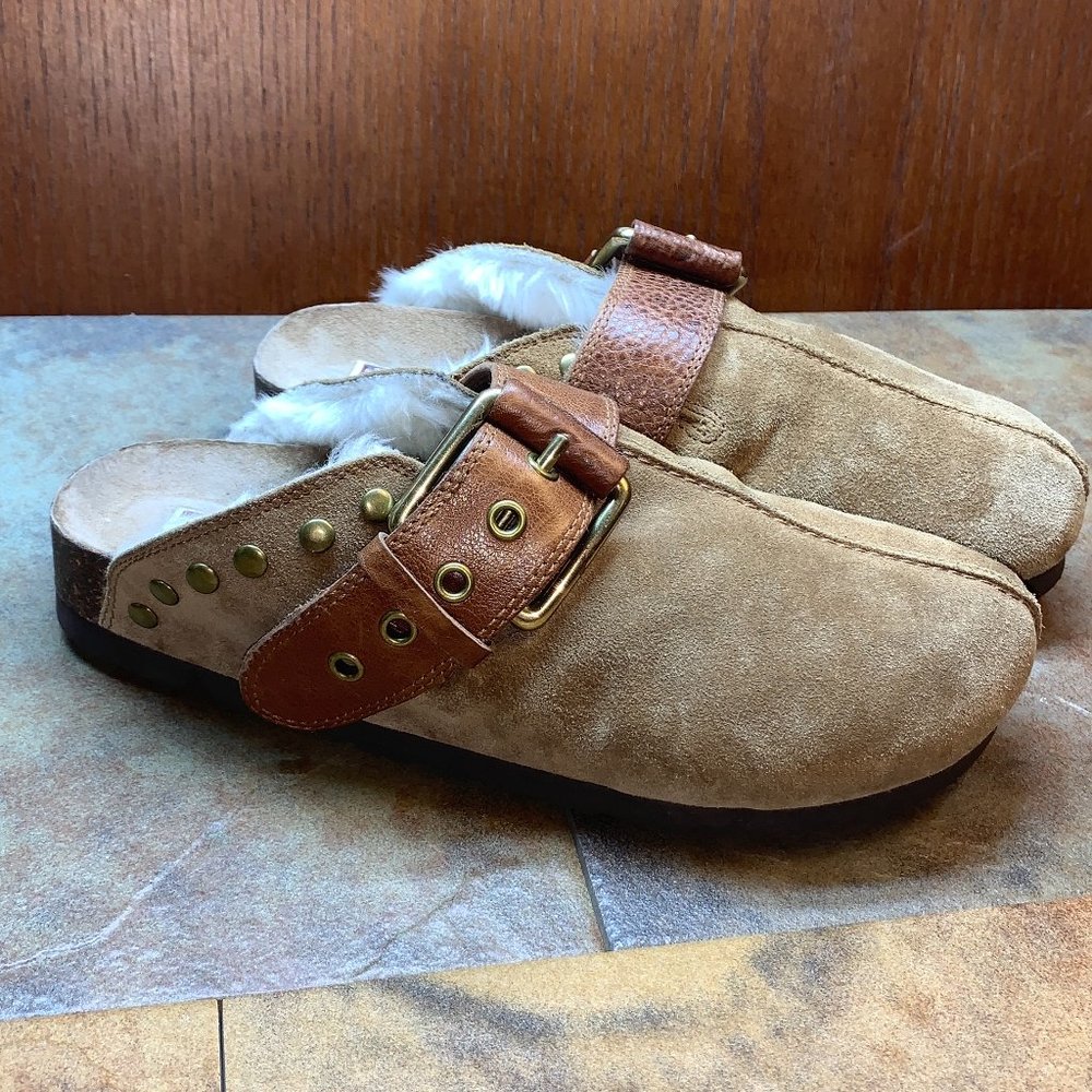 Lucky Brand Womens Brown Leather Faux Fur Round Toe Slip On Clog Shoes Size 7